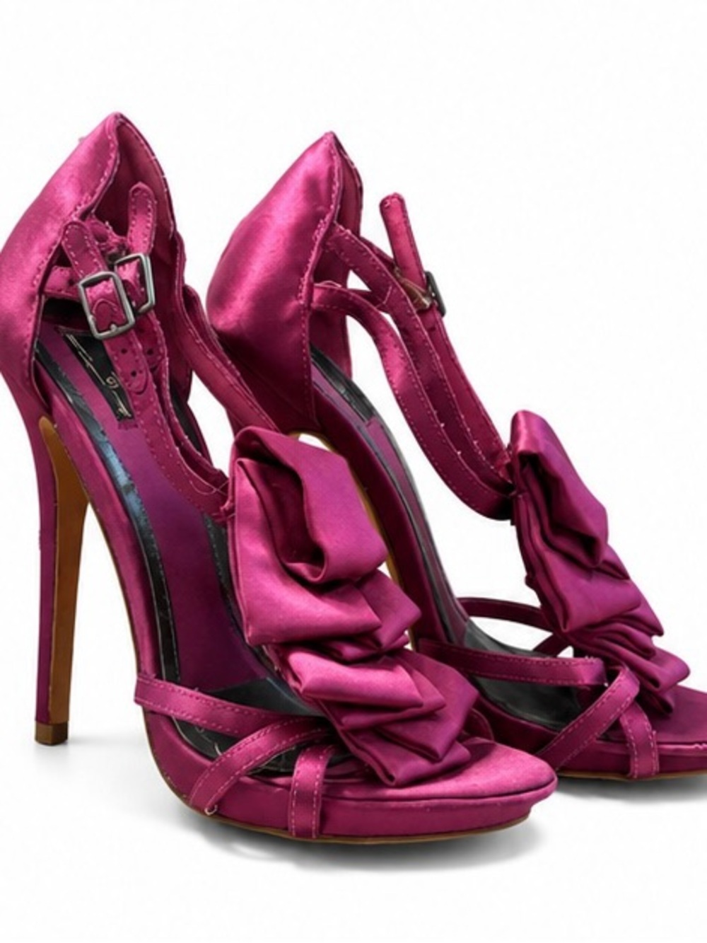 Glint Satin T-Strap Stiletto Sandals in Magenta with Bow